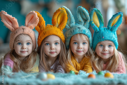 Happy children in knitted hats