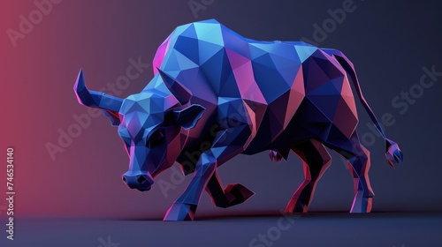flat low poly spanish bull, dark blue to light blue gradient, artistic background, in action pose, --ar 16:9