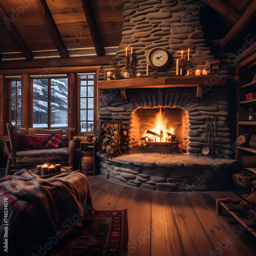 A cozy fireplace in a rustic cabin during a snowstorm