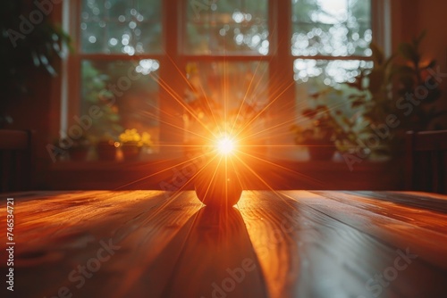 A warm sun flare dramatically penetrates a rustic wooden window frame, highlighting natural beauty