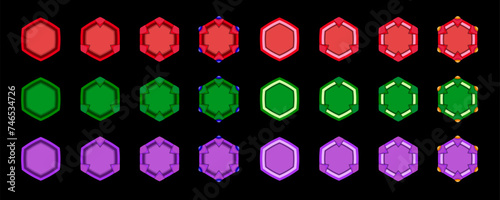 Colorful level game badge elements collection. Two styles and three colors. Red, green and purple.