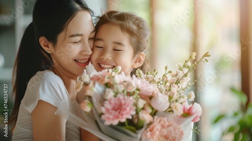 A Mother and Daughter Smiling and Holding Flowers. Fictional Character Created By Generated By Generated AI.