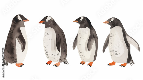 Conjunto de pinguins isolados sobre fundo branco. Ilustração em aquarela. photo