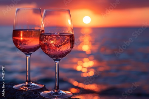 Two sparkling glasses of rosé wine against the backdrop of a breathtaking ocean sunset