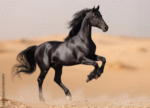 Black horse runs in the desert
