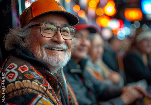 Elderly man smiling at the camera in casino photo