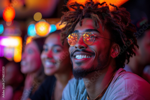 Young man smiles while watching comedy show at comedy club