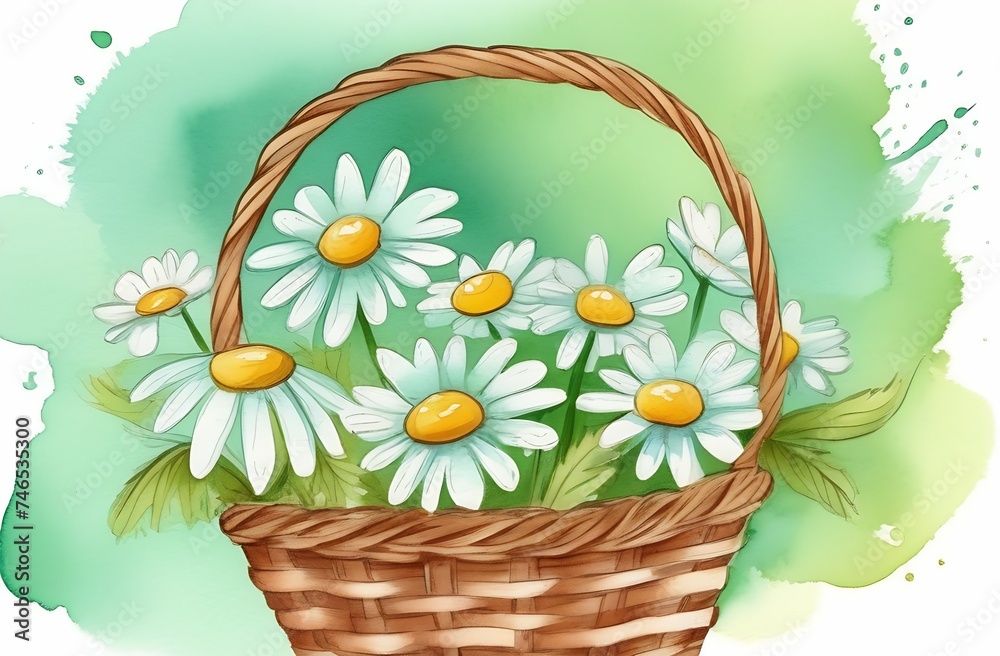 Watercolor illustration of wicker basket with daisies on light green background, greeting card concept, floral arrangement