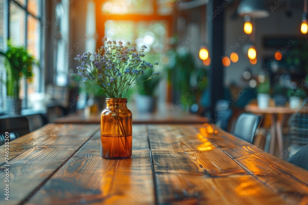 A warm and inviting café ambiance with radiant flowers arranged in a glass bottle on a wooden table A warm and inviting café ambiance with radiant flowers arranged in a glass bottle on a wooden table