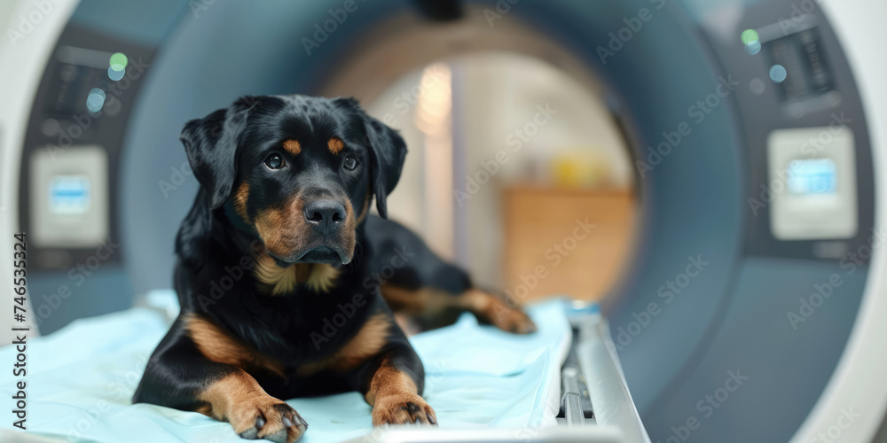 Generative AI, Dog on table at MRI, examination in veterinary surgery hospital, vet clinic, banner with copy space