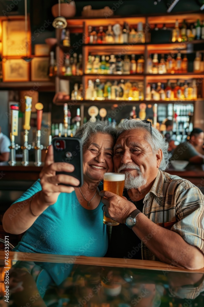 A Couple Enjoying Their Time at a Bar, Posing for a Photo with a Beer in Hand. Fictional Character Created By Generated By Generated AI.