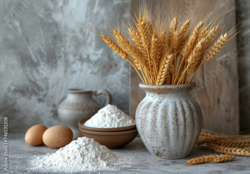 Flour in bowl wheat ears and eggs on gray background