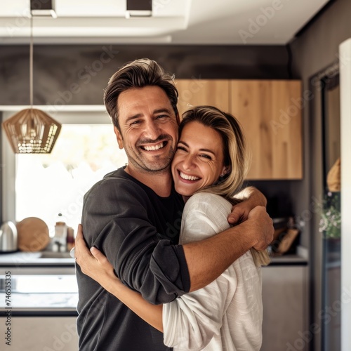 A happy couple hugging in the kitchen. Fictional Character Created By Generated By Generated AI. photo