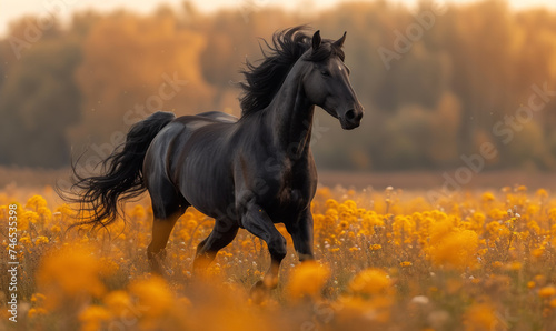 Black horse runs gallop on the blooming yellow flowers field