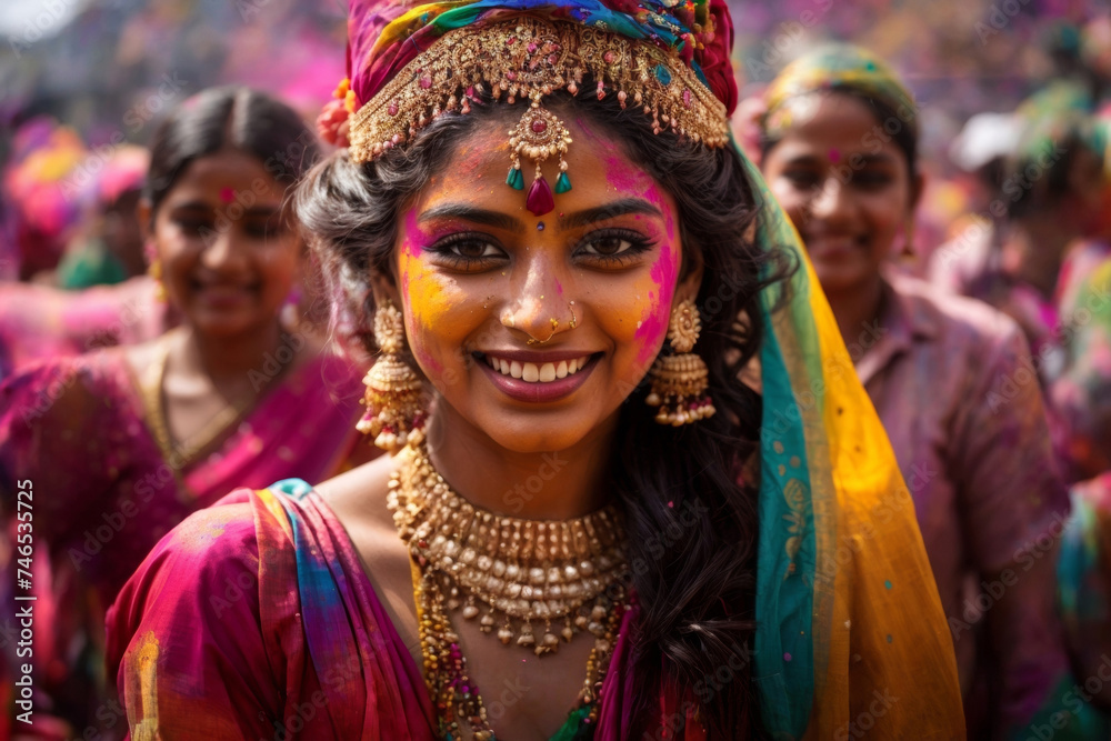 Portrait of a happy smiling young Indian girl celebrating the Holi festival, colorful face, bright explosion of powder paint, beautiful national clothes.