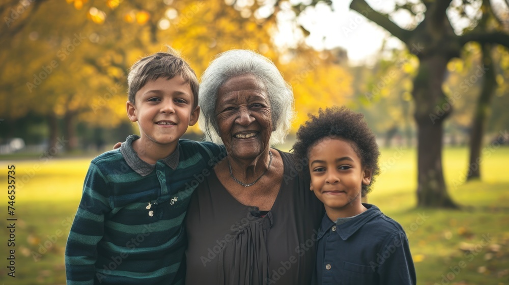 A heartwarming family photo with a smiling old lady surrounded by two young boys. Fictional Character Created By Generated By Generated AI.