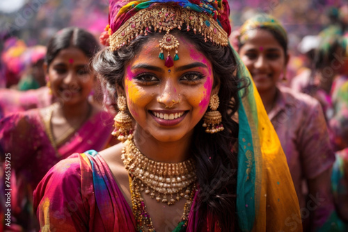 Portrait of a happy smiling young Indian girl celebrating the Holi festival, colorful face, bright explosion of powder paint, beautiful national clothes.