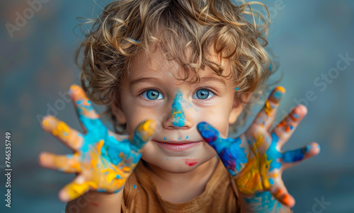 Little baby boy with colorful painted hands. Child with paint on his hands