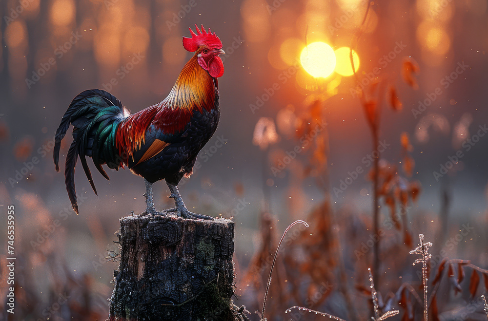 Rooster crowing on stump at sunrise - obrazy, fototapety, plakaty 