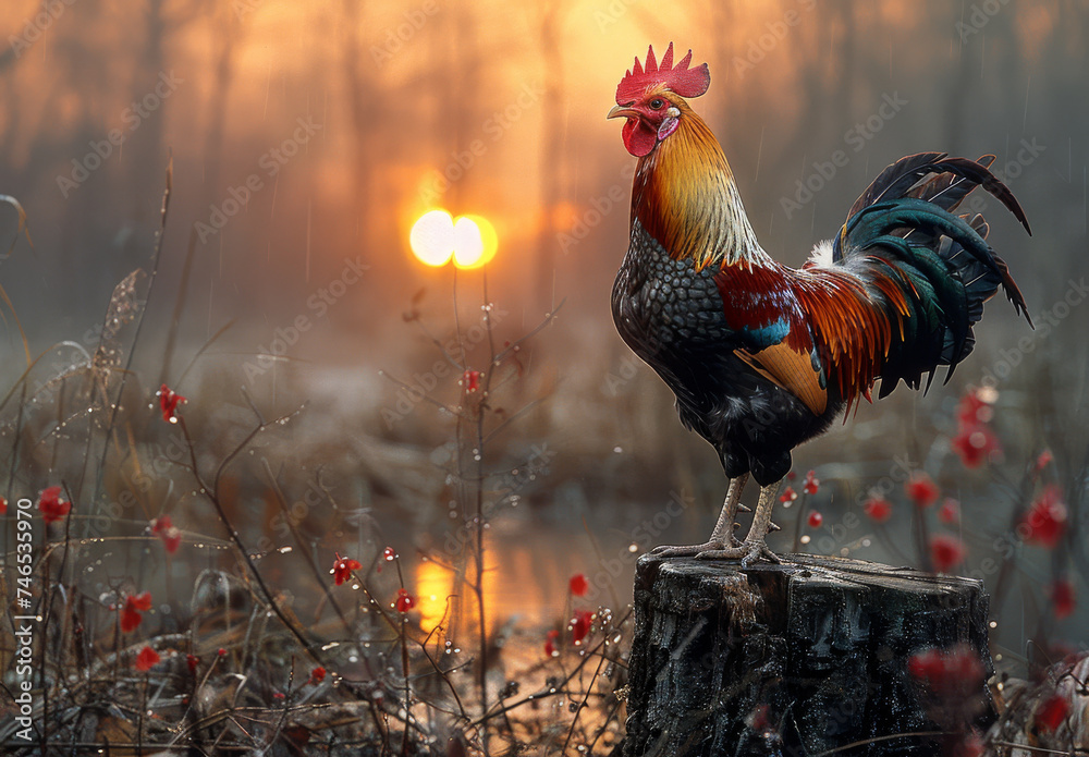 Rooster crowing on stump at sunrise - obrazy, fototapety, plakaty 
