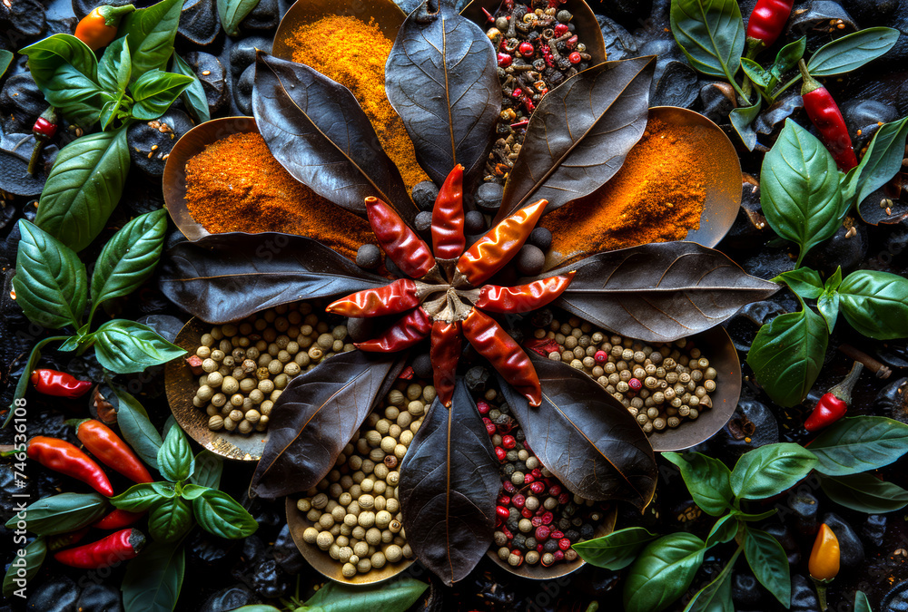 Colorful spices and herbs on dark background