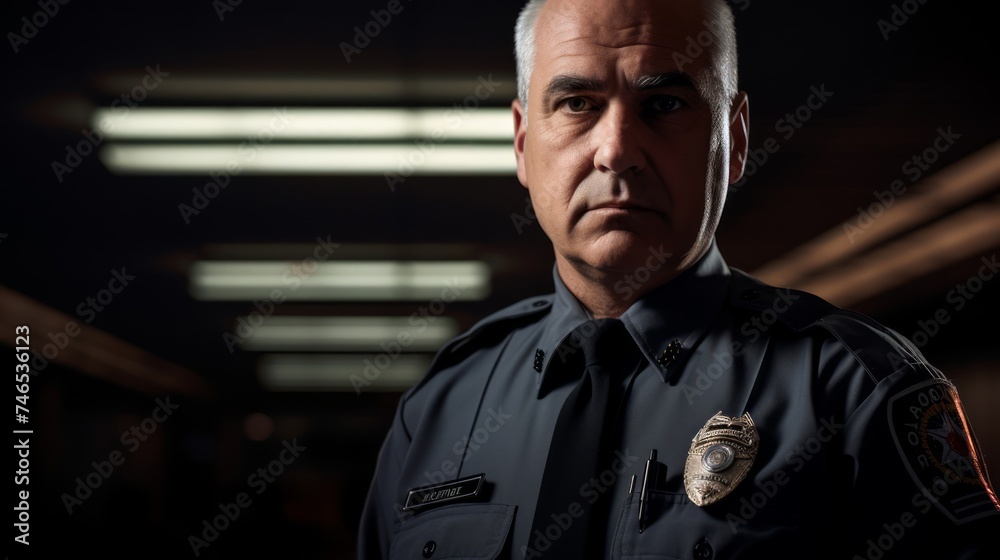 Intense officer spotlighted prime ready stance Intense officer spotlighted prime ready stance