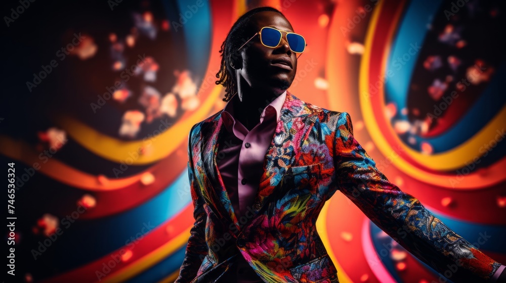 Entertainer portrait with animated vivid patterns