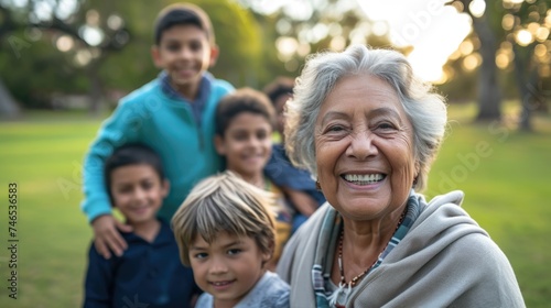 A joyful portrait of an elderly woman surrounded by a group of young people.. Fictional Character Created By Generated By Generated AI.