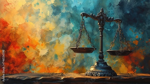 Scale of Justice Capturing in a Courtroom Setting of Law and Rights Fairness in a Symbolic Legal Justice Concept, Balance and Equality photo
