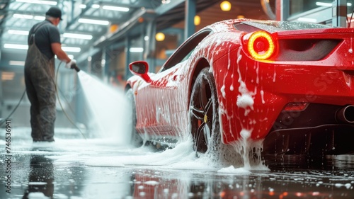 car wash scene where a man uses a high-pressure water sprayer to wash a red sports car © ProstoSvet