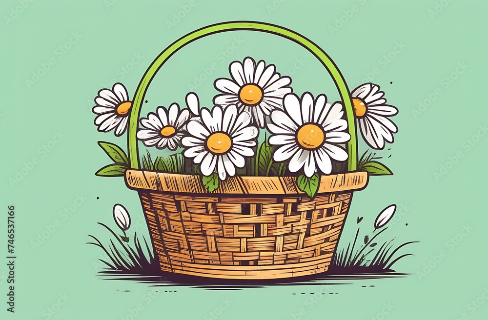 Watercolor illustration of wicker basket with daisies on green background, greeting card concept, floral arrangement Watercolor illustration of wicker basket with daisies on green background, greeting card concept, floral arrangement