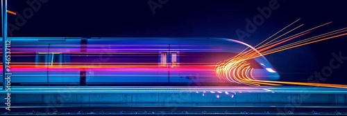 Generative AI image of A train is speeding past on the horizon. The shape of the train is like a strip of light. You can see it is a train from the front of the car. © TimelessTales