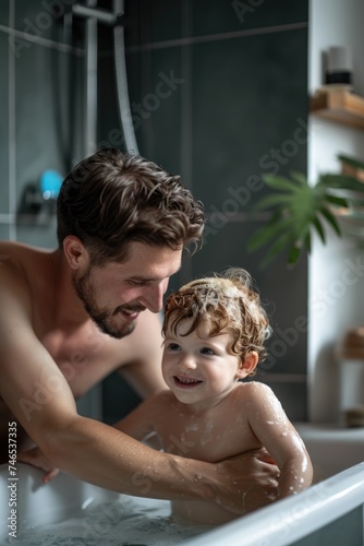 Bonding Time - A Father Helping His Son in the Bath. Fictional Character Created By Generated By Generated AI.