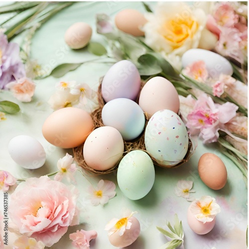 A dreamy Easter background painted in soft watercolors, capturing the delicate beauty of spring blooms and Easter eggs