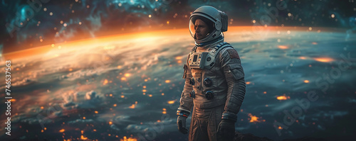 Astronaut Standing outer space with planet earth as backdrop. Generative AI. © unikyluckk