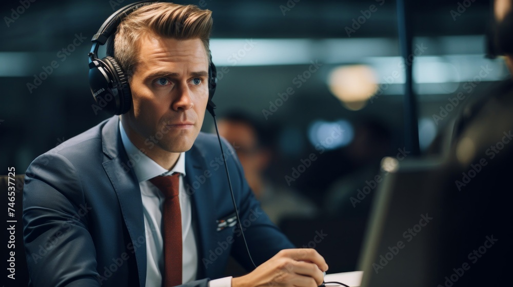 Concentration in interview journalist with mic task light Concentration in interview journalist with mic task light