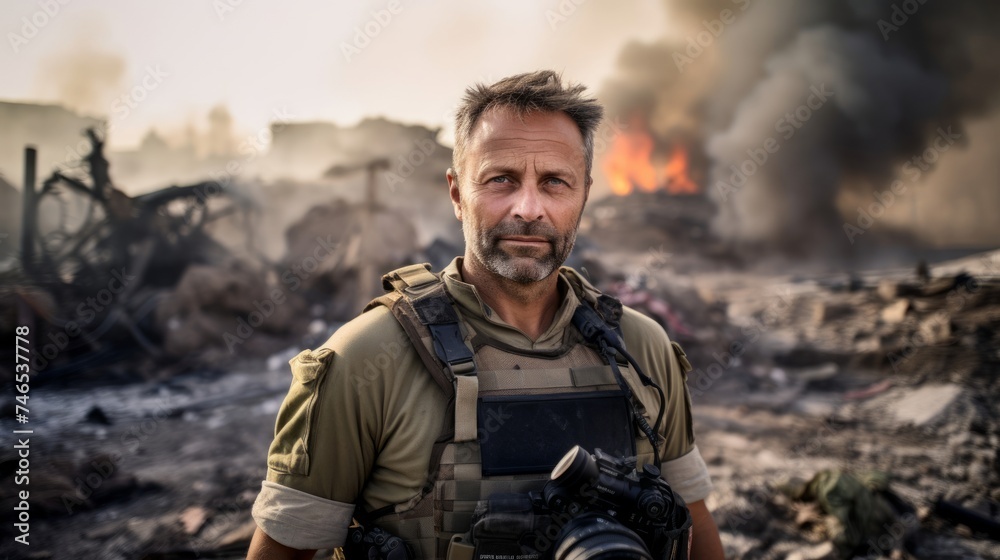 War correspondent 40s bulletproof vest conflict zone daylight