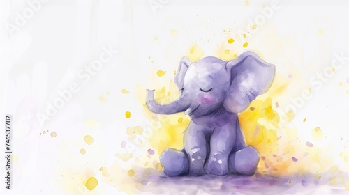 a watercolor painting of a baby elephant sitting on the ground with its trunk in the air and its eyes closed, with yellow and purple spots around its trunk 