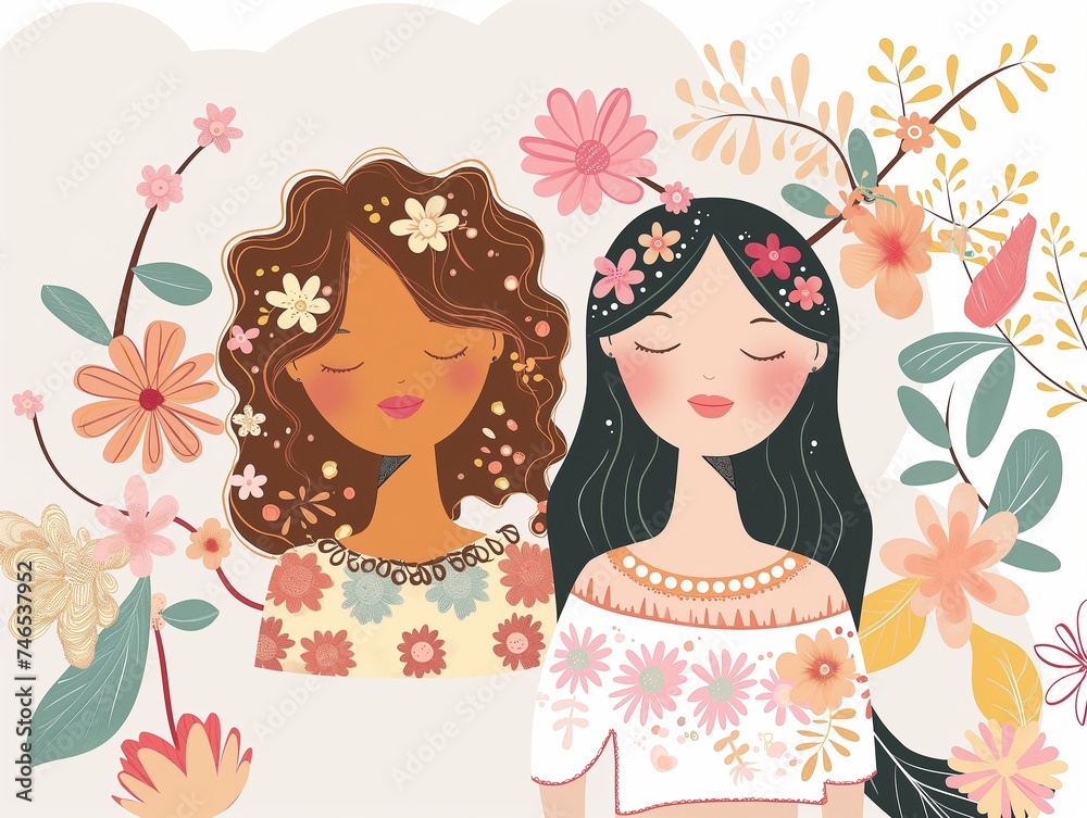Nice painting representing two girls with floral pattern, lovely Japanese style decorative illustration to celebrate spring, friendship, international women's day, the women have flowers in their hair Nice painting representing two girls with floral pattern, lovely Japanese style decorative illustration to celebrate spring, friendship, international women's day, the women have flowers in their hair