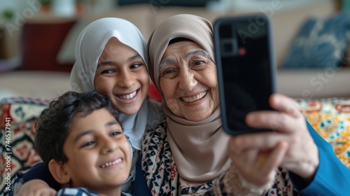 Old woman, kids take selfie with grandma using smartphone. Fictional Character Created By Generated By Generated AI.