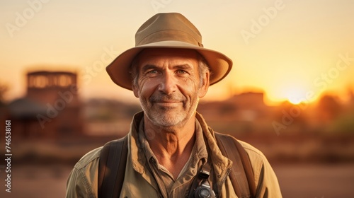 Seasoned sociologist safari hat global community golden sunset © javier