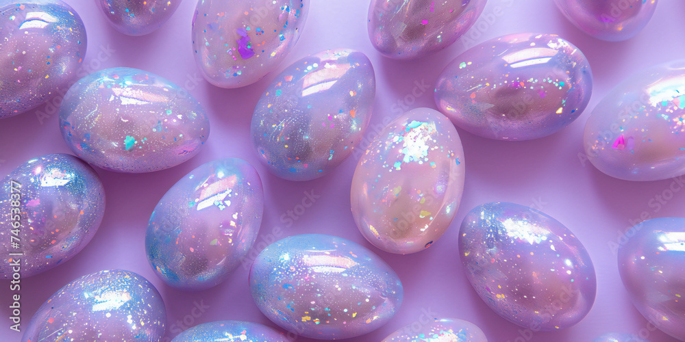 Modern and stylish Easter eggs pattern in holographic purple tones colors with glitters and shadows. Creative Easter banner with copy space.