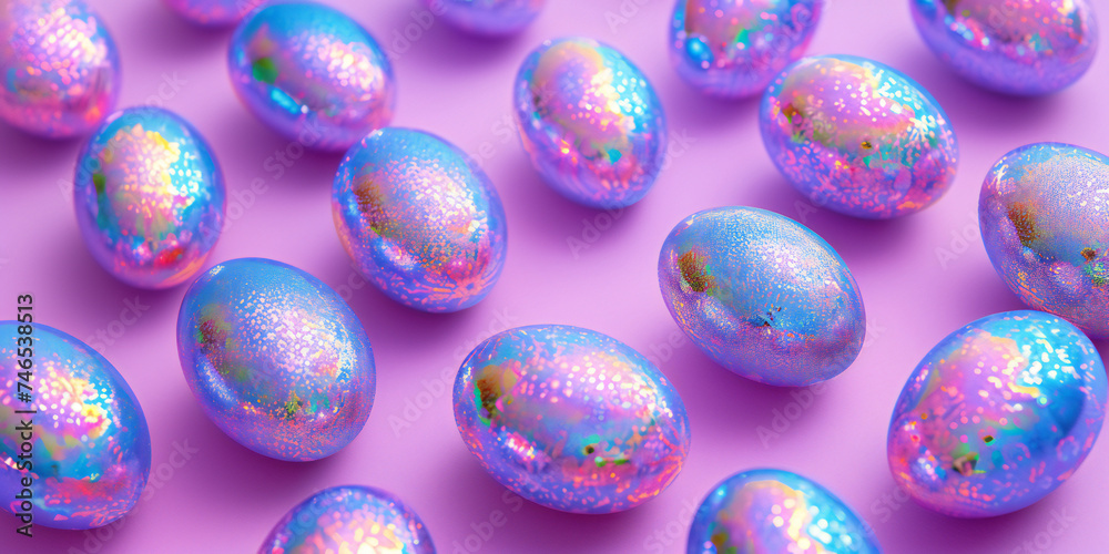 Modern and stylish Easter eggs pattern in holographic purple tones colors with glitters and shadows. Creative Easter banner with copy space. Modern and stylish Easter eggs pattern in holographic purple tones colors with glitters and shadows. Creative Easter banner with copy space.