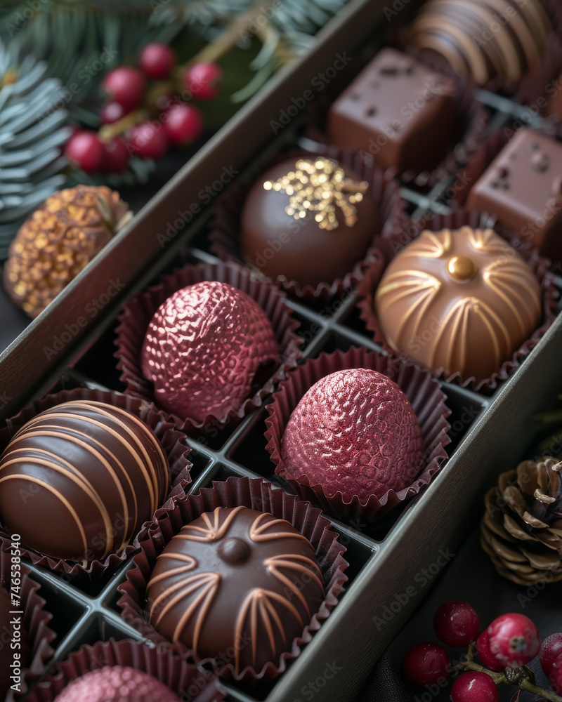 Assorted handmade chocolate pralines in box Assorted handmade chocolate pralines in box