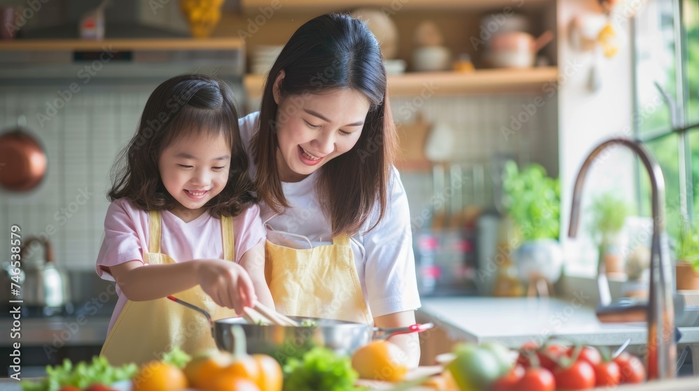 A mother teaching her daughter how to cook in the kitchen. Fictional Character Created By Generated By Generated AI.