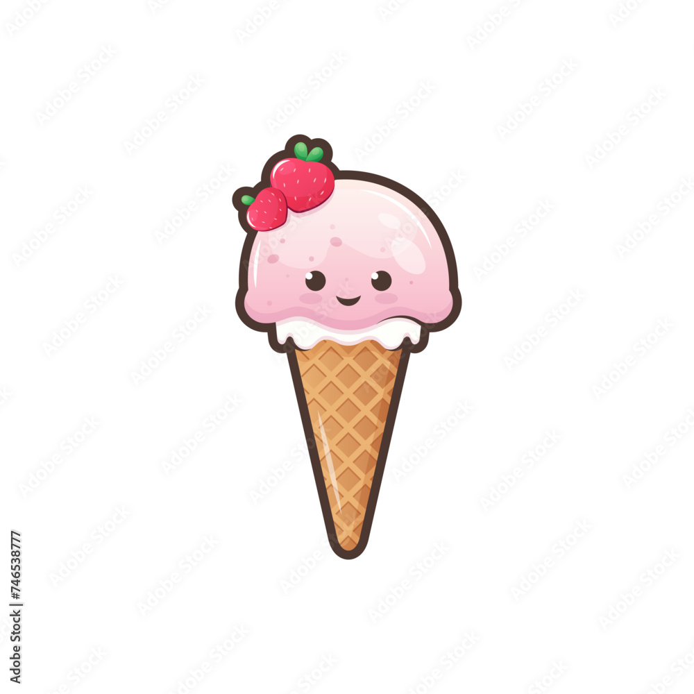 Cute ice cream waffle cone isolated on white background. Kawaii style with funny face. Cartoon sweet character. Vector Illustration. Cute ice cream waffle cone isolated on white background. Kawaii style with funny face. Cartoon sweet character. Vector Illustration.