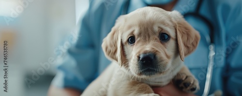 Generative AI, veterinarian doctor is holding in hands cute small puppy dog, vet clinic 