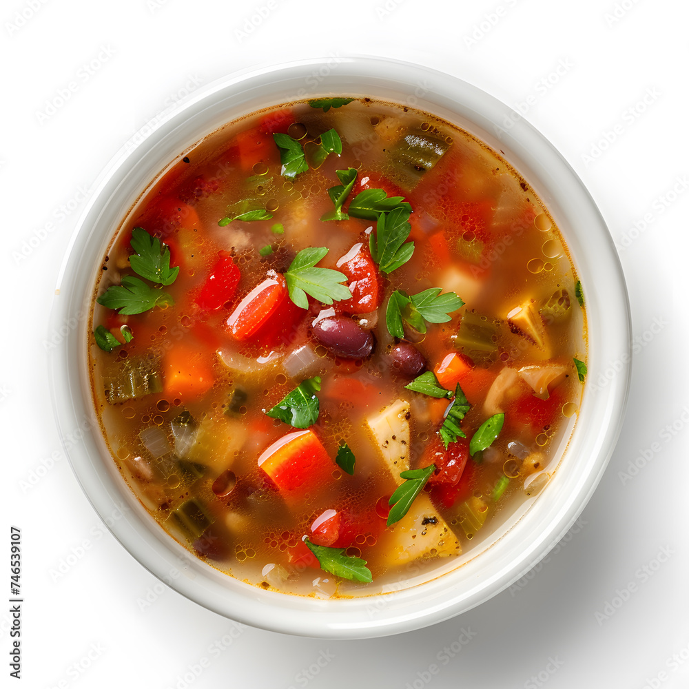 Homemade vegetarian soup in white bowl top view isolated on white background Homemade vegetarian soup in white bowl top view isolated on white background