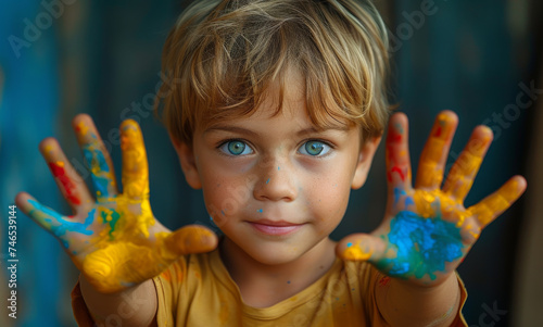 Child shows his hands with paint