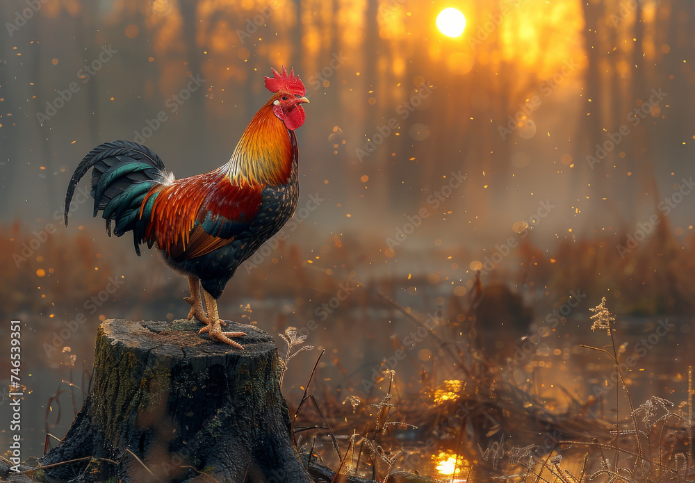 Rooster crowing on stump in the morning - obrazy, fototapety, plakaty 